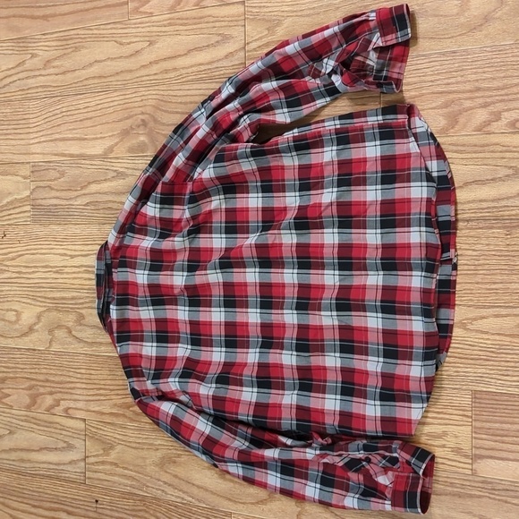 Red, black & white plaid button-down roll-tab sleeve gorpcore shirt, Columbia L - Picture 4 of 5